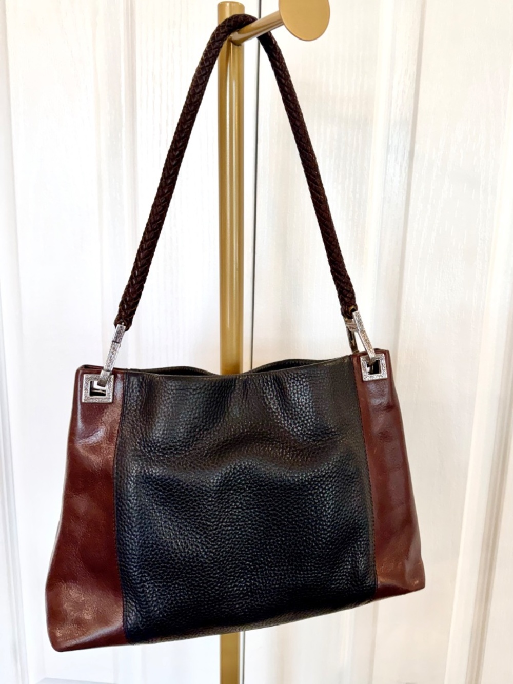 Brighton Pebbled Leather Tote Black & Dark Brown Sides, Braided Handle, Magnetic